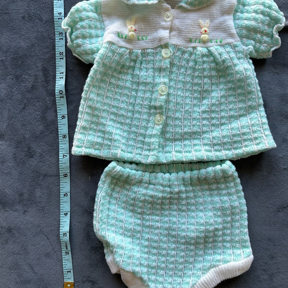Vintage Mint Green and White Knit Diaper Cover Set with Textured Pattern